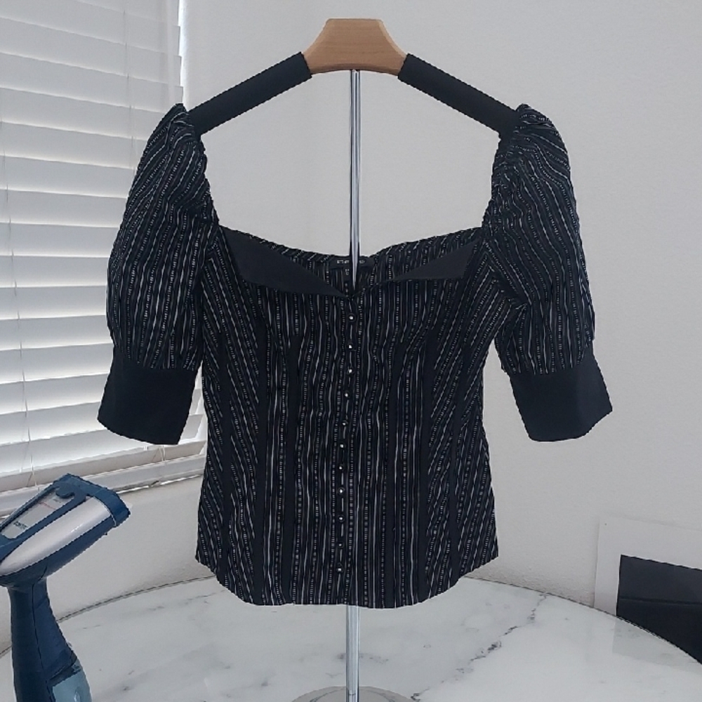 Bebe Black and White Puff Sleeve Smocked Blouse